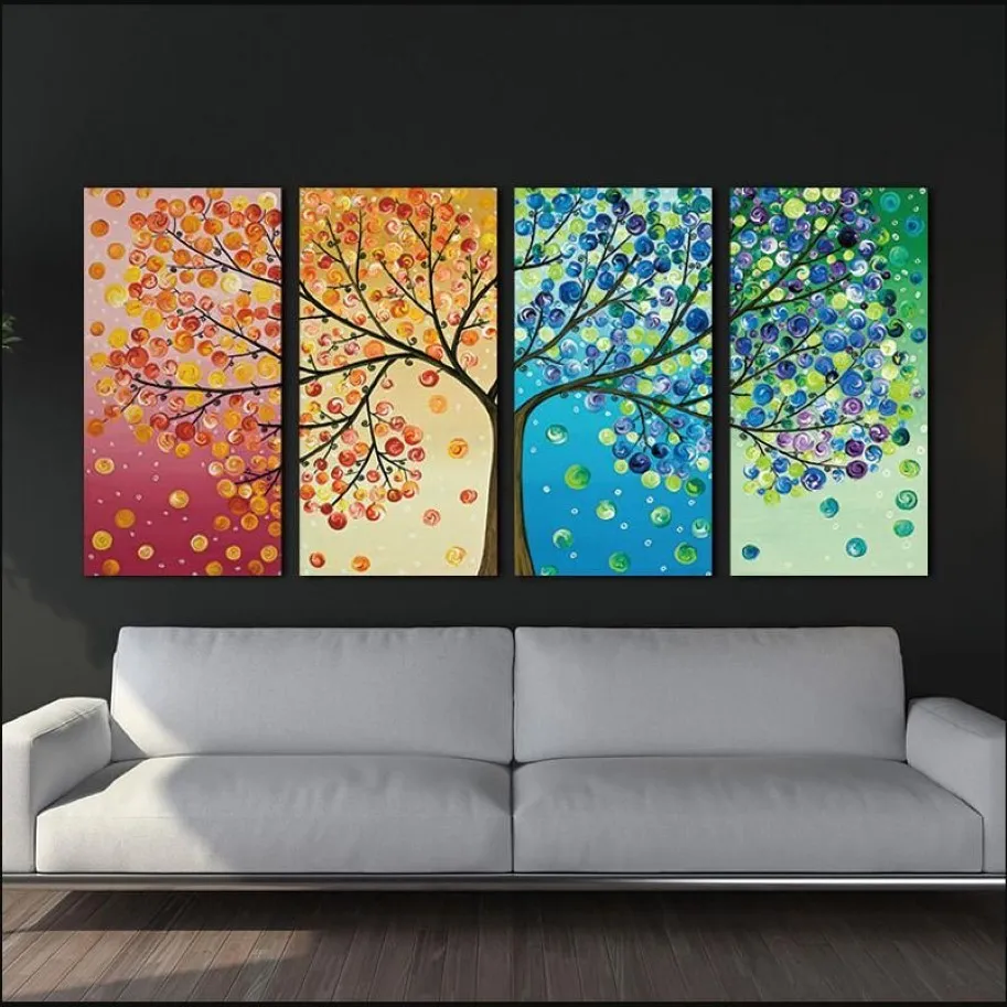 캔버스 페인팅 포스터 화려한 잎 나무 4 조각 그림 벽 예술 모듈 식 사진 가정 장식 벽 예술 그림 그림 236g
