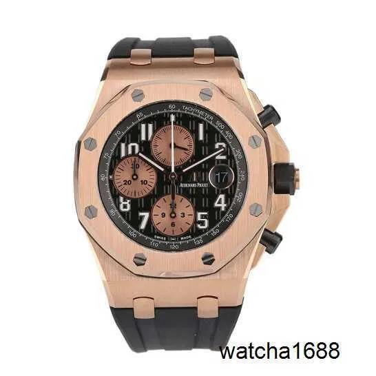 Designer Crystal AP Montre Epic Royal Oak Offshore Série 26470OR Or Rose Noir X Panda Plaque Crocodile Ceinture Mâle Chronométrage Mode Loisirs Montres De Sport