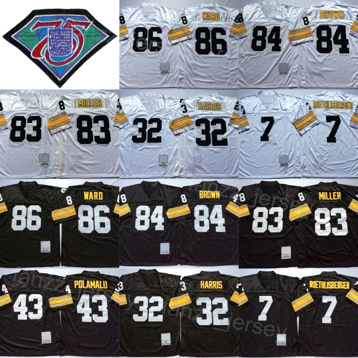 Vintage Steelers Jerseys: Dennis Rodman 91, Antonio Brown 84, Hines Ward  86, Troy Polamalu 43, Heath Miller 83, Jerome Bettis 36, Mel Blount 47