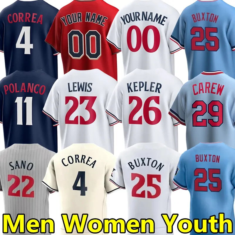 2024 Jerseys de beisebol Os gêmeos Carlos Correa Byron Buxton Max Kepler Royce Lewis Pablo Lopez Jorge Polanco Kirby Puckett Harmon Killebrew Homens Mulheres Juventude Custom