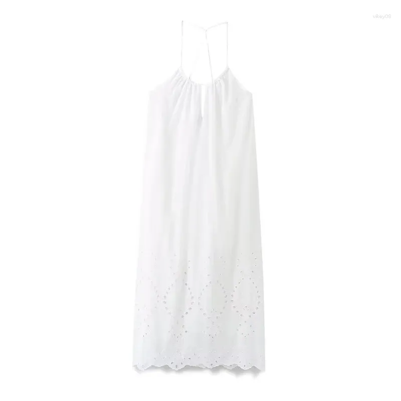 Casual Dresses 2024 Summer Suspender Dress Hollow Embroidery Loose Cotton Backless White Temperament Sweet Wind Female Long Skirt