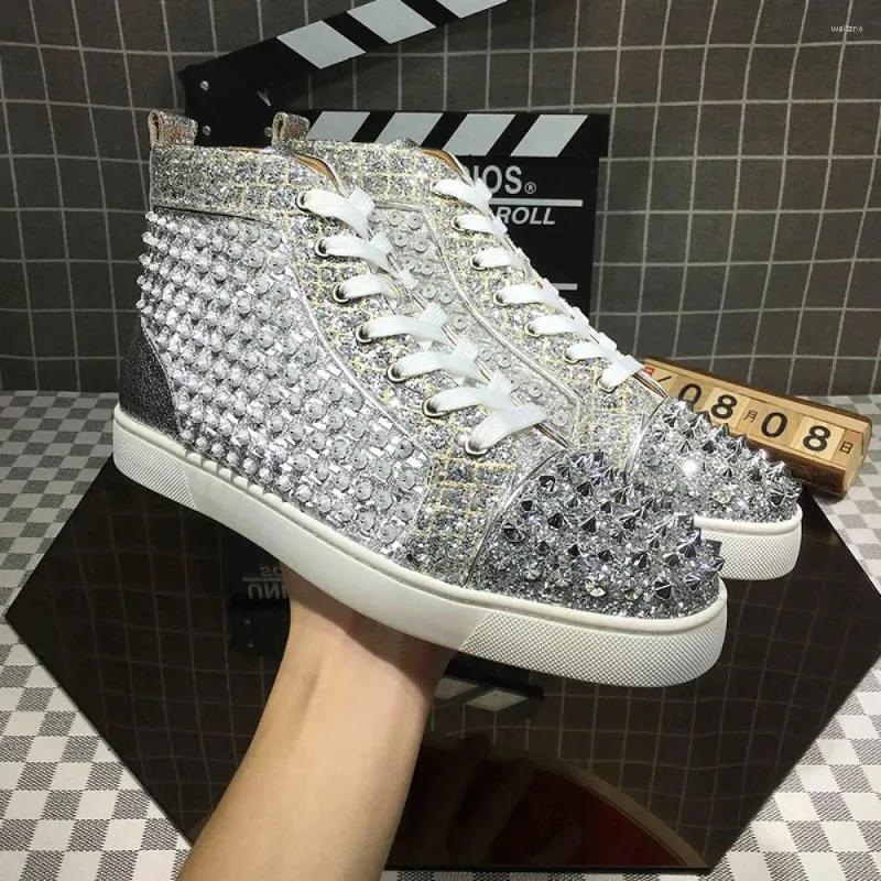 Casual Shoes Fashion Designer Men's Silver High Top With Rivet Embellishments And Rhinestone Accents For Nightclub