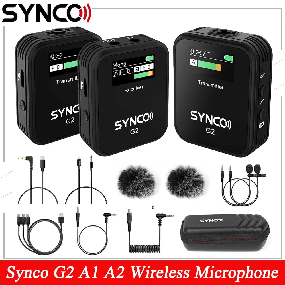 Microfones Synco G2 G2A1 G2A2 Microfon Wireless Lavalier Microfone Mic System för smartphone -bord DSLR -kamera Vlogging Streaming YouTube