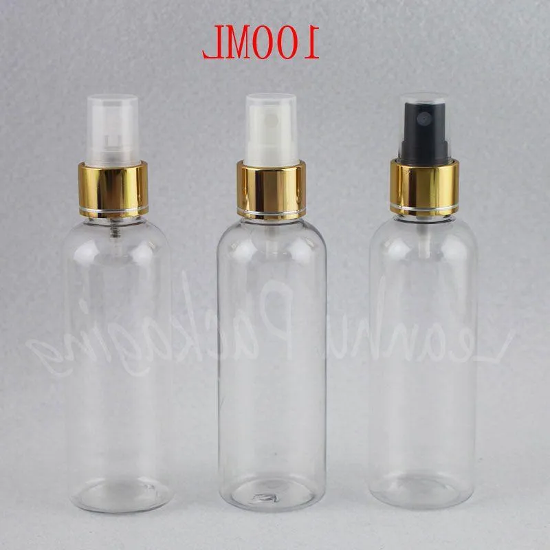 Bouteille en plastique transparente de 100ML avec pompe de pulvérisation dorée, récipient cosmétique vide de 100CC, bouteille d'emballage de Toner/eau Uxtbb