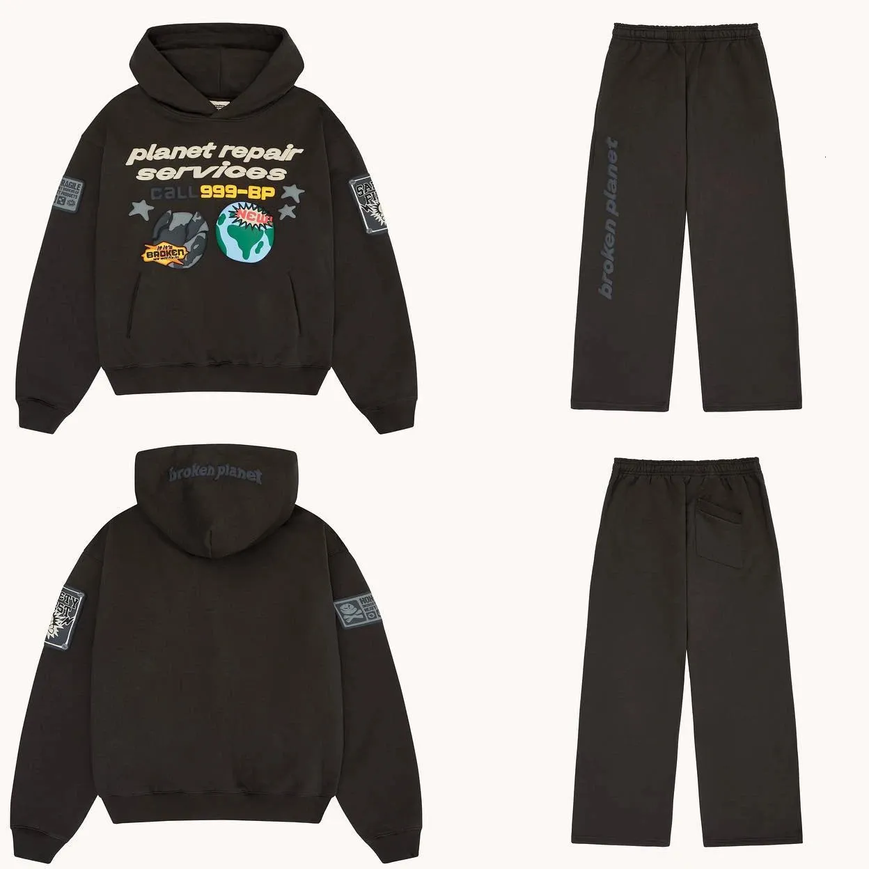 Streetwear Broken Planet Y2K Costume Hommes Sweat à capuche Pantalon de survêtement Deux pièces Ensemble Hip Hop Cartoon Puff Imprimer Sweat Pantalon Sportswear 240228