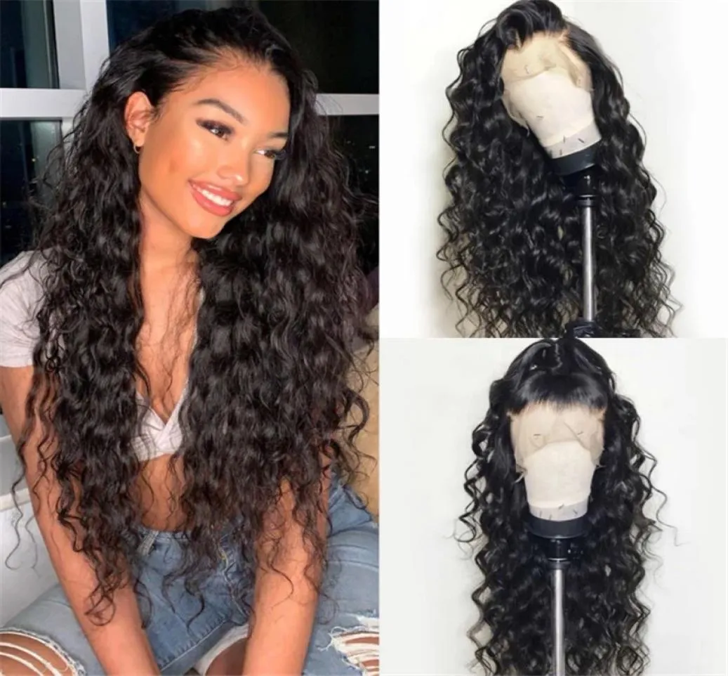 Deep Wave Wigs spetsar mänskliga hår peruker för svarta kvinnor Långt svart lockigt hår Glueless brasilianska remy lockigt mänskligt hår peruk9820361