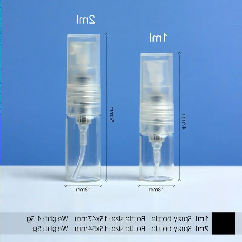 100 szt./Partia 1 ml/2 ml mini przezroczysta plastikowa butelka sprayu pusta perfuma atomizera butelki olejki eteryczne gtmgr