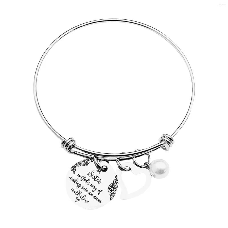 Bangle Stainless Steel Bracelet Titanium Jewelry Heart Shaped Adjustable Round Lettering Pearl Pendant Sisters Creative