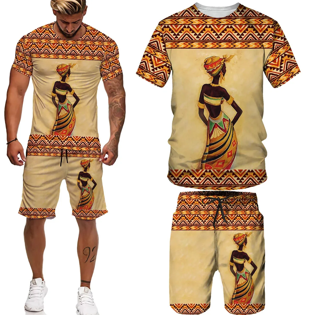 Man Zomer Korte Mouw Afrika Print TeesShortsSuits Folkcustom T-shirt Shorts Trainingspak Set Afrikaanse Kleding voor Mannen 002 240228