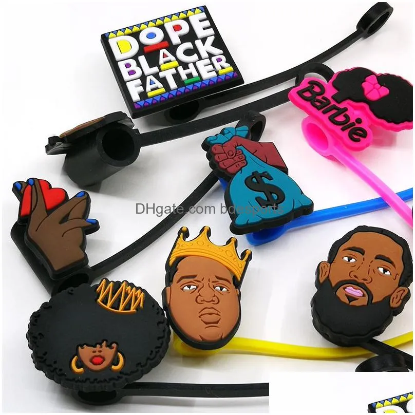 Pailles à boire personnalisées douces Black Lives Matter Sile St Toppers Accessoires ER Charms Bouchon anti-poussière réutilisable anti-éclaboussures décoratif 8 mm Pa Dhkj1