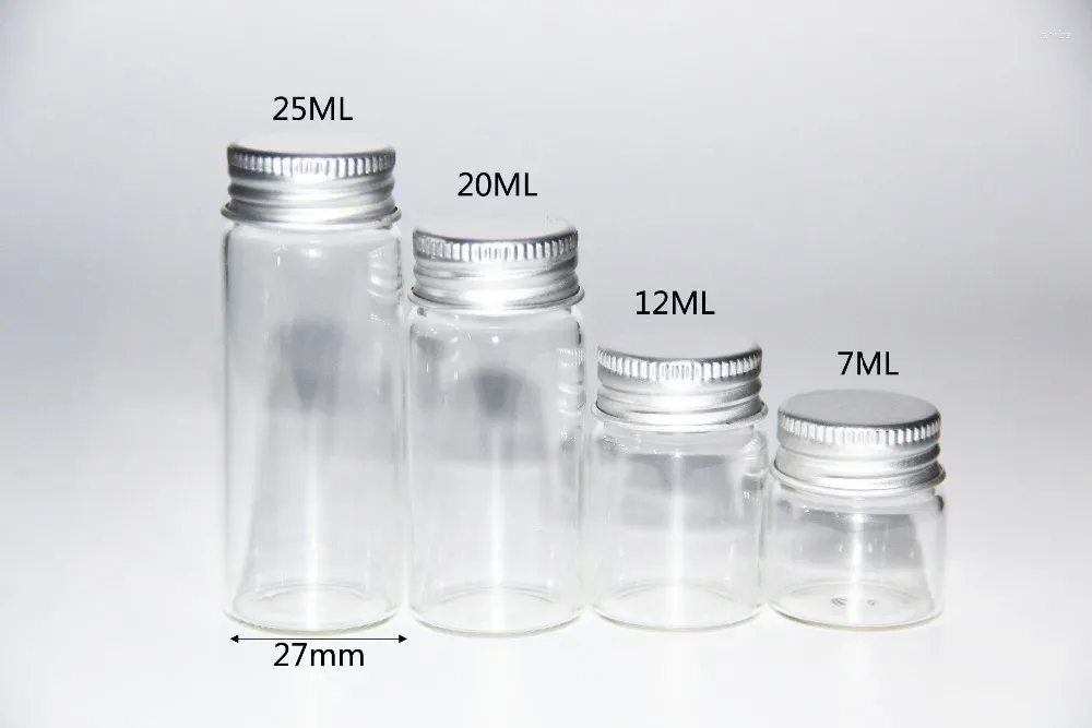 Flaskor 50 st 7 ml 12 ml 20 ml 25 ml glasflaskskruv aluminium cap silikonpropp tom burk förseglad presentvätska mat