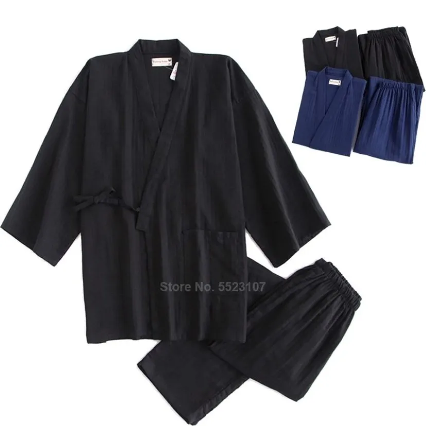 Kimono piżamy dla samurajskich mężczyzn bawełniane tradycyjne japońskie top spodni czysty kolor swobodny oddychanie Yukata 210901210F