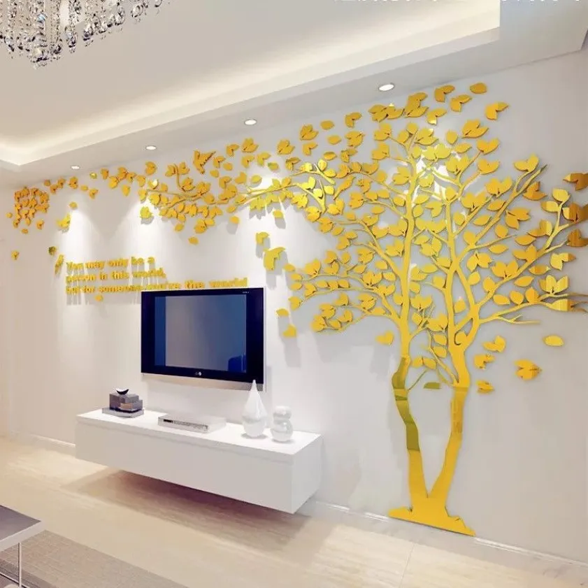 3D acrylique miroir autocollant mural bricolage grand arbre autocollant salon TV fond décoration murale maison murale art mur T200111275h