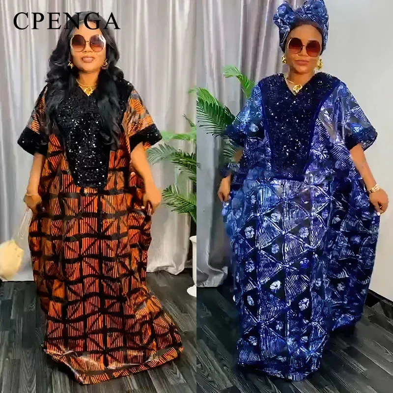 Luxury African Party Dress for Women with Headtie Elegant Lady Wedding Evening Dresses Africa Style Dashiki Clothes Plus Size 240226