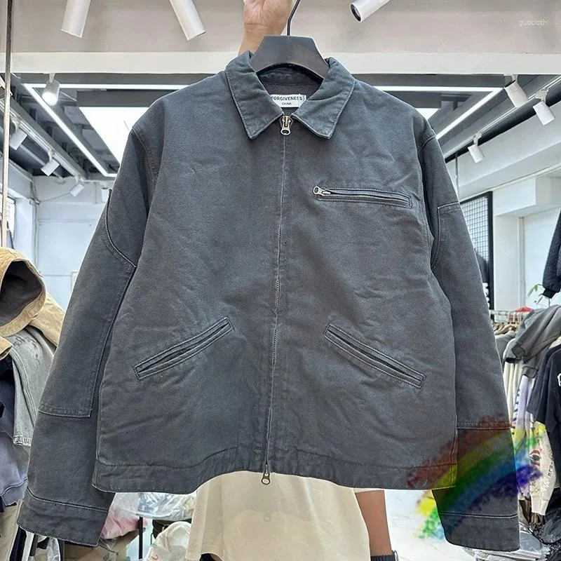 Herrenjacken Schwergewicht Denim Reißverschlussjacke Männer Frauen Qualität Grau Khaki Vintage Kleidung Mantel