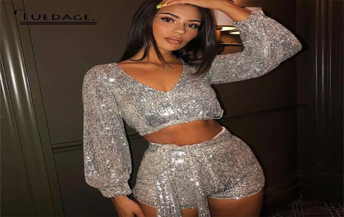 Fuedage Pailletten Sexy Zweiteiliges Set Glitter Sparkle Crop Top Hosen 2 Stück Set Frauen Puff Sleeve V-ausschnitt Frauen zwei Stück Outfits T203618287