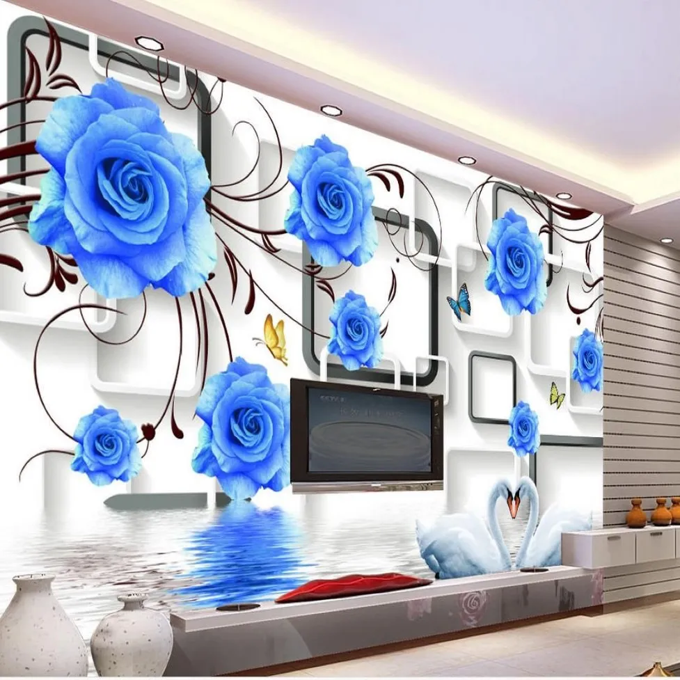 カスタム任意のサイズブルーローズスワン3Dテレビウォール壁画3D壁紙3D壁紙