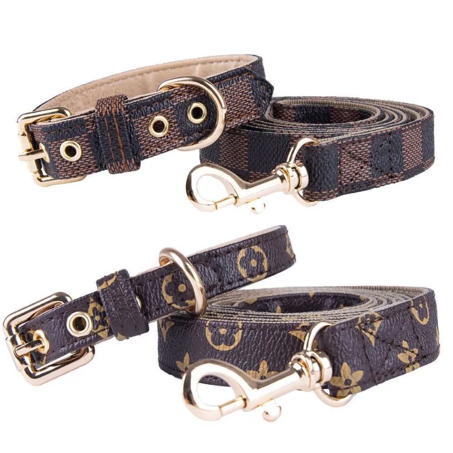 Leather PU Designs Pet Adjustable Collars Fashion Letters Print Old Flowers Leashes for Cat Dog Necklace Durable Neck Decoration A323y