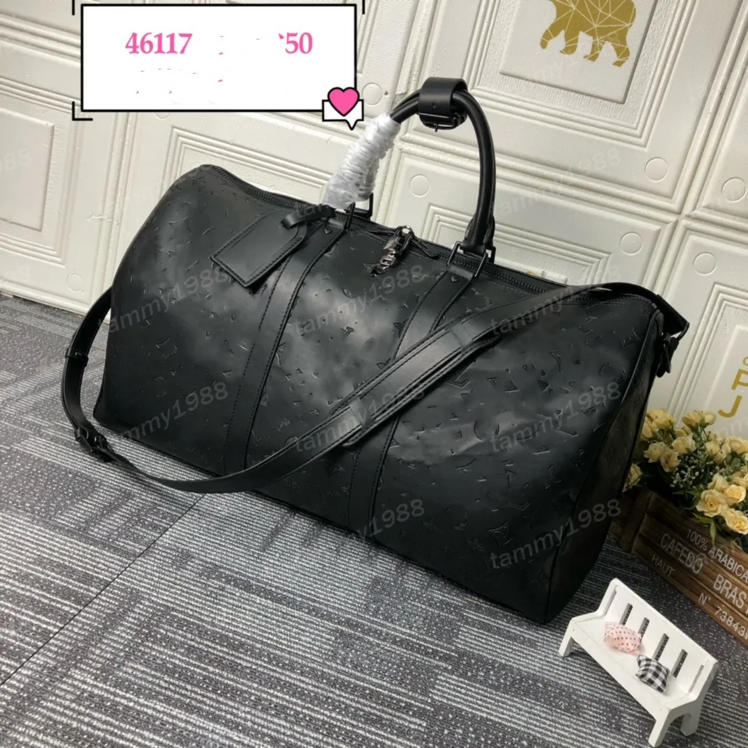 Duffel Bags Klassiker 50 cm Reisegepäck echtes Leder hochwertige Totes Umhängetaschen Herren Frauen Handtaschen 10A Duffel Bags Schatten geprägter graue Buchstaben 46117