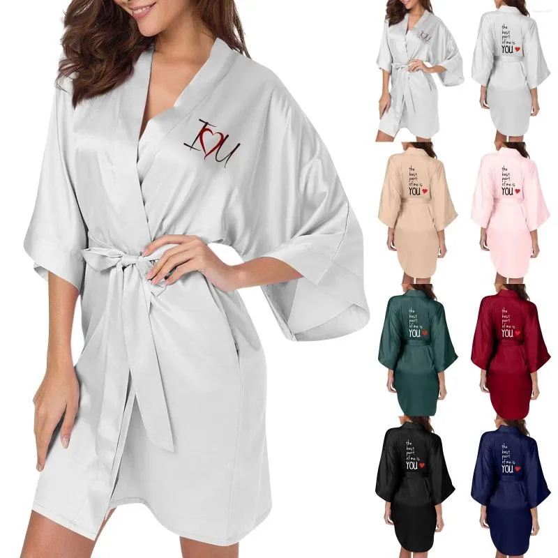 Vêtements de nuit pour femmes, imprimé de lettres à la mode, doux avec ceinture, kimono en satin de soie, sexy, peignoir d'été, chemise de nuit