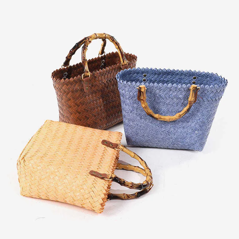 Handheld Straw Woven Bag With Imitation Bamboo Knot, Vacation