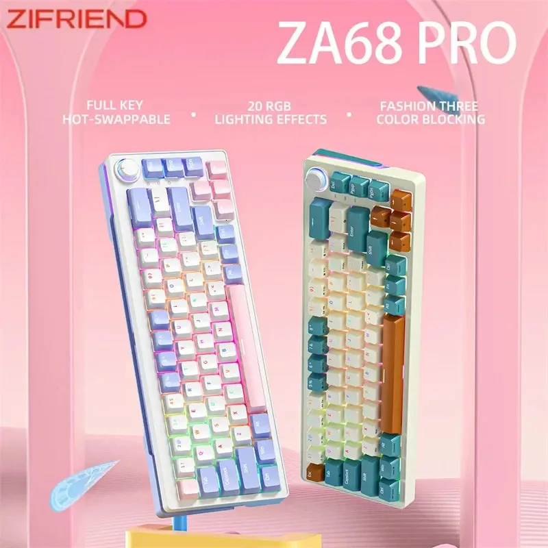 Zifriend ZA68 Pro 68 Keys 3 Modes Mechanical Keyboard PBT RGB Wirless Bluetooth 24Ghz قابلة للتبديل 65 60 ألعاب المفاتيح 240309