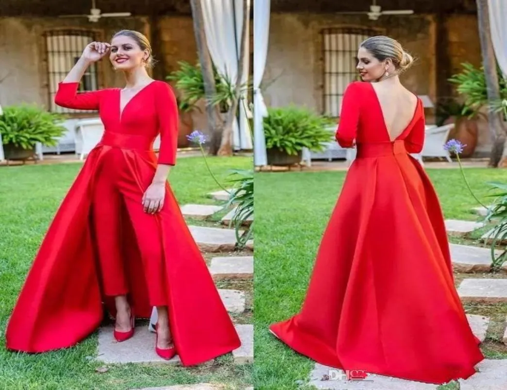 Vermelho profundo decote em v macacão vestidos de noite 2020 mangas compridas ruched sem costas até o chão formal festa vestidos de baile com sobre saias9280287