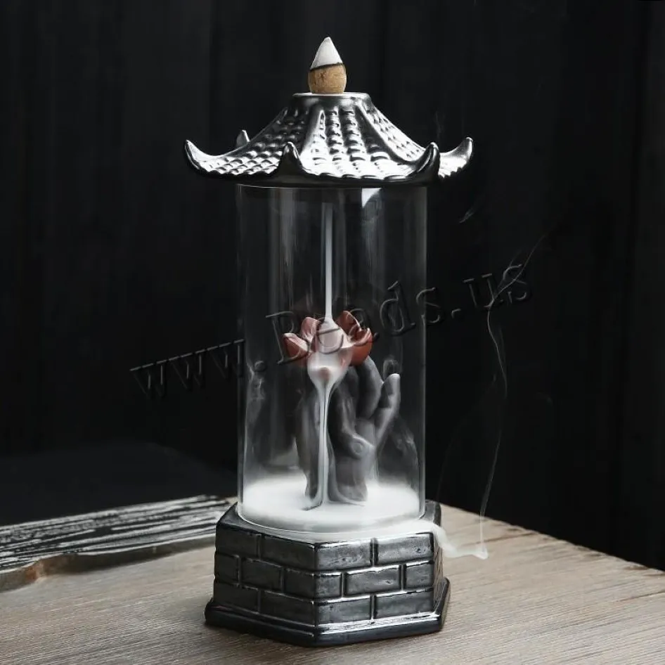 Pagoda Shape Backflow Incense Burner With Acrylic Protective Cover Ceramic Smoke Waterfall Incense Aromatic Holder Home Decor3316