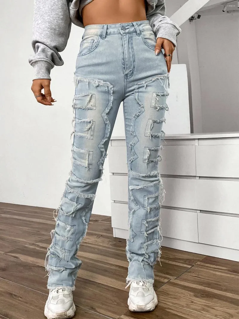 Jeans pour femmes, pantalon en Denim, Streetwear, pompon brodé, jambe droite, mode INS, pantalon Cargo élastique, pantalon Y2k