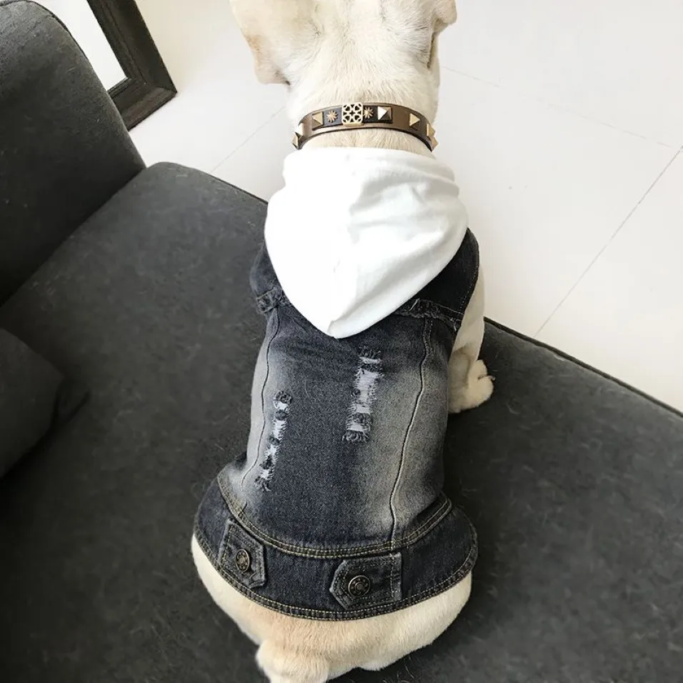 Hondenkleding voor kleine honden Franse Bulldog Denim jack Chihuahua Jeansjas Vest met capuchon voor mopshond Kat Huisdier kostuum S-4XL T200710240p