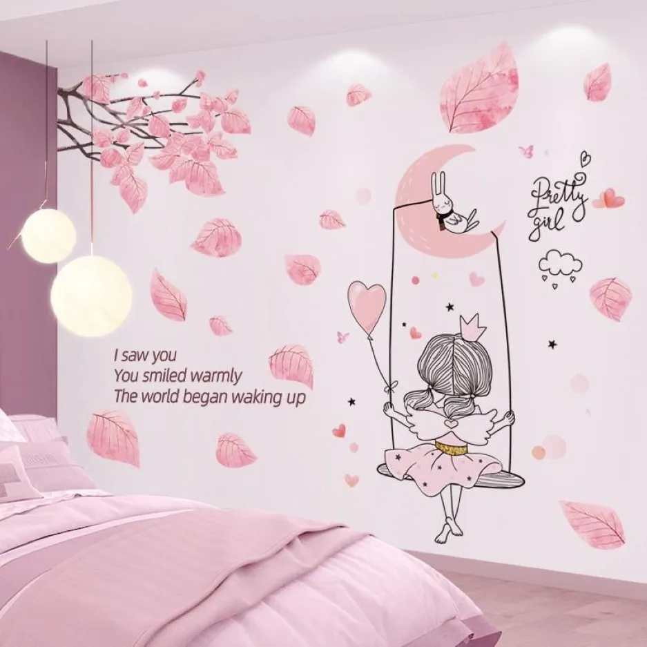 Naklejki ścienne kreskówka dziewczyna księżyc huśtawka majsterkowicz liście kalkomanie mural dla pokoi dla dzieci dzieci sypialnia kuchnia domowa dekoracja 268n