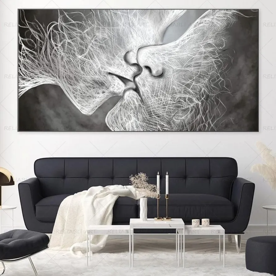 Affiches et imprimés de baiser abstraits en noir et blanc, peinture sur toile, images d'art murales pour salon, décoration de maison moderne Cuadros216c