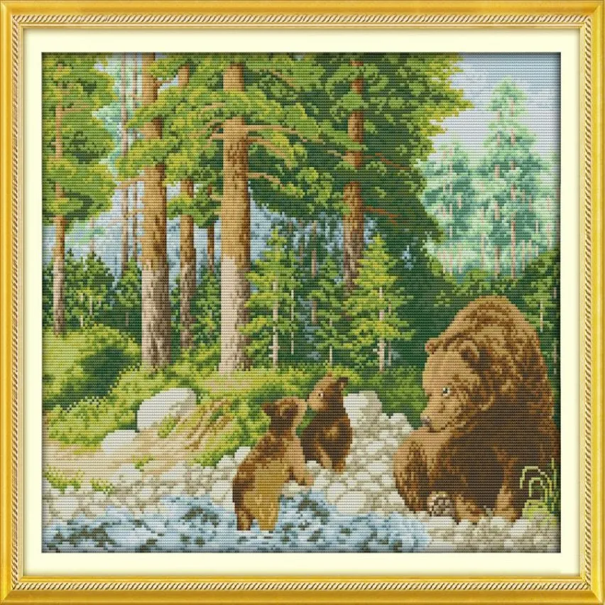 Beaux ours dans la forêt décor à la maison peinture à la main point de croix broderie couture ensembles compté impression sur toile DMC 14CT 1765