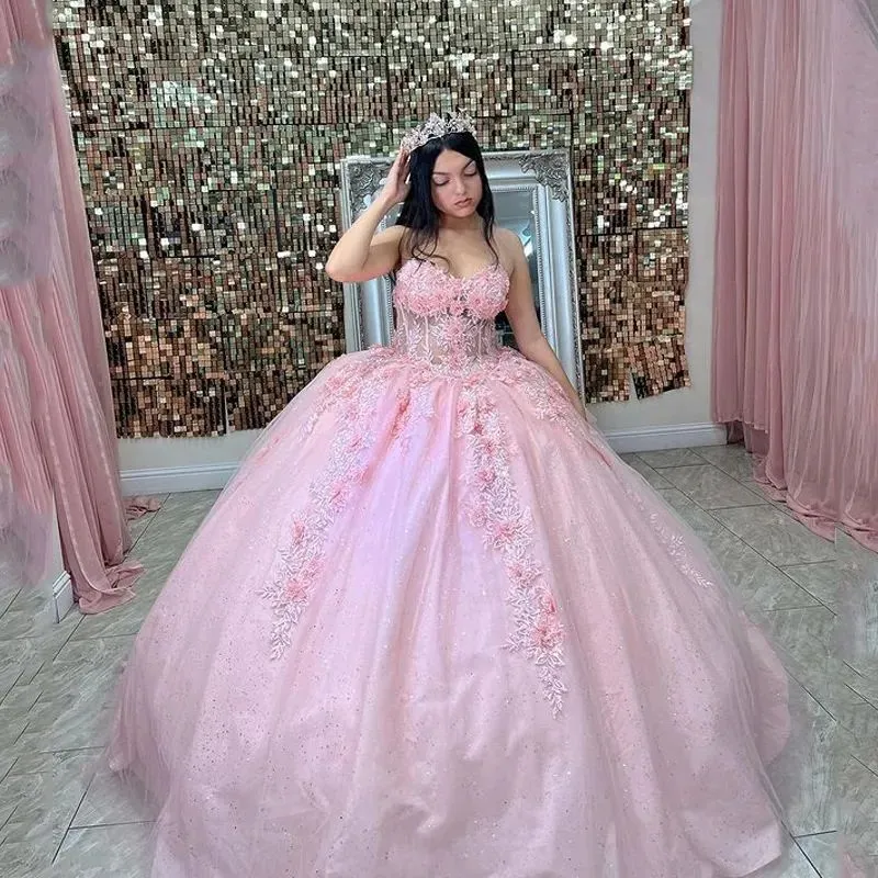 2024 Pink Quinceanera Dresses Sweetheart Sleeveless Lace Appliques Crystal Beads Tulle Hand Made Flowers Ball Gown Guest Dress Evening Prom Gowns Corset Back