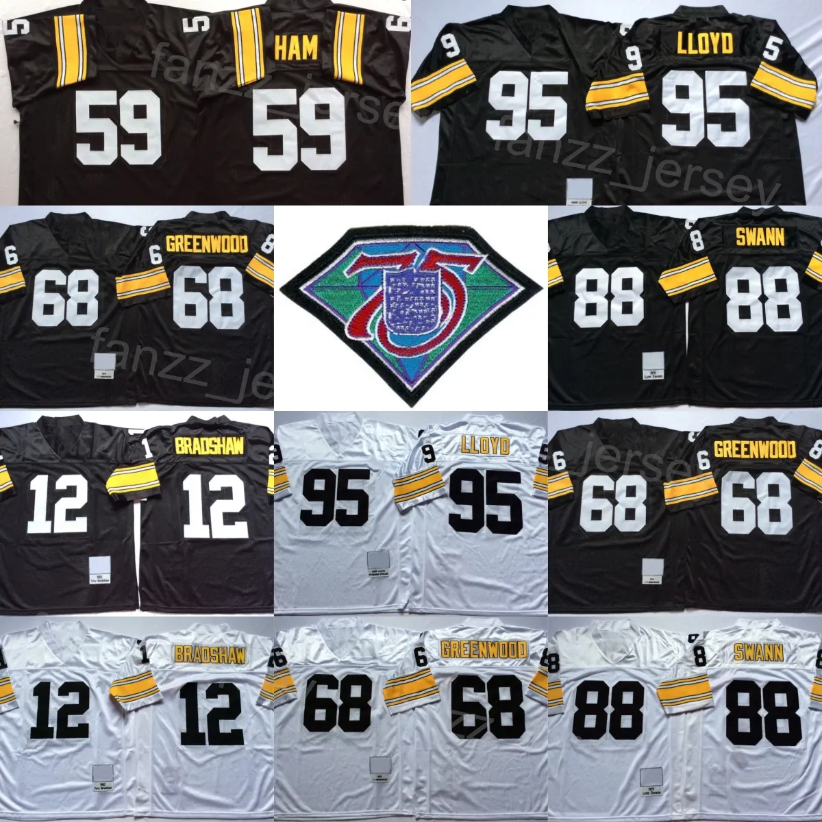 Vintage voetbal 59 Jack Ham Jersey 1975 1982 Retro 88 Lynn Swann 95 Greg Lloyd 68 L C Greenwood 12 Terry Bradshaw 7 Ben Roethlisberger 43 Troy Polamalu Zwart Wit