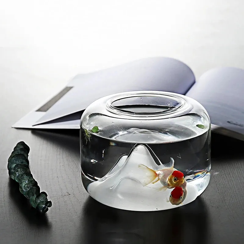 Bol à poissons en verre Transparent créatif, réservoirs de montagne de neige, Micro pot de paysage, fournitures pour animaux de compagnie, décoration de maison 240226