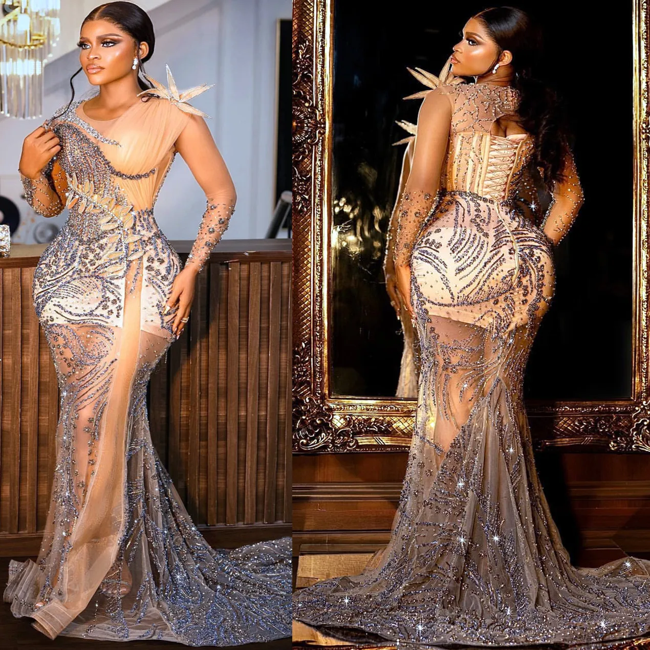 2024 Aso Ebi Illusion Champagne Mermaid Prom Dress Frisado Noite Formal Festa Segunda Recepção 50º Aniversário Vestidos de Noivado Vestidos Robe De Soiree ZJ169