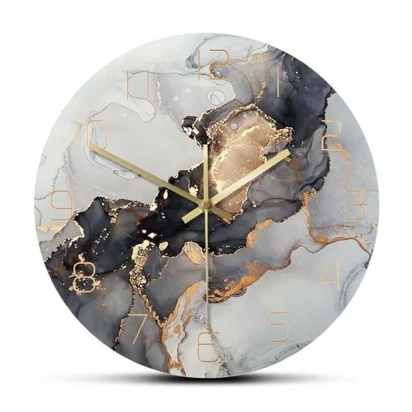 Abstract Alcohol Ink Printed Modern Art Marble Texture Silent Quartz Clock Akvarell Målning Heminredning Väggklocka 210310194E