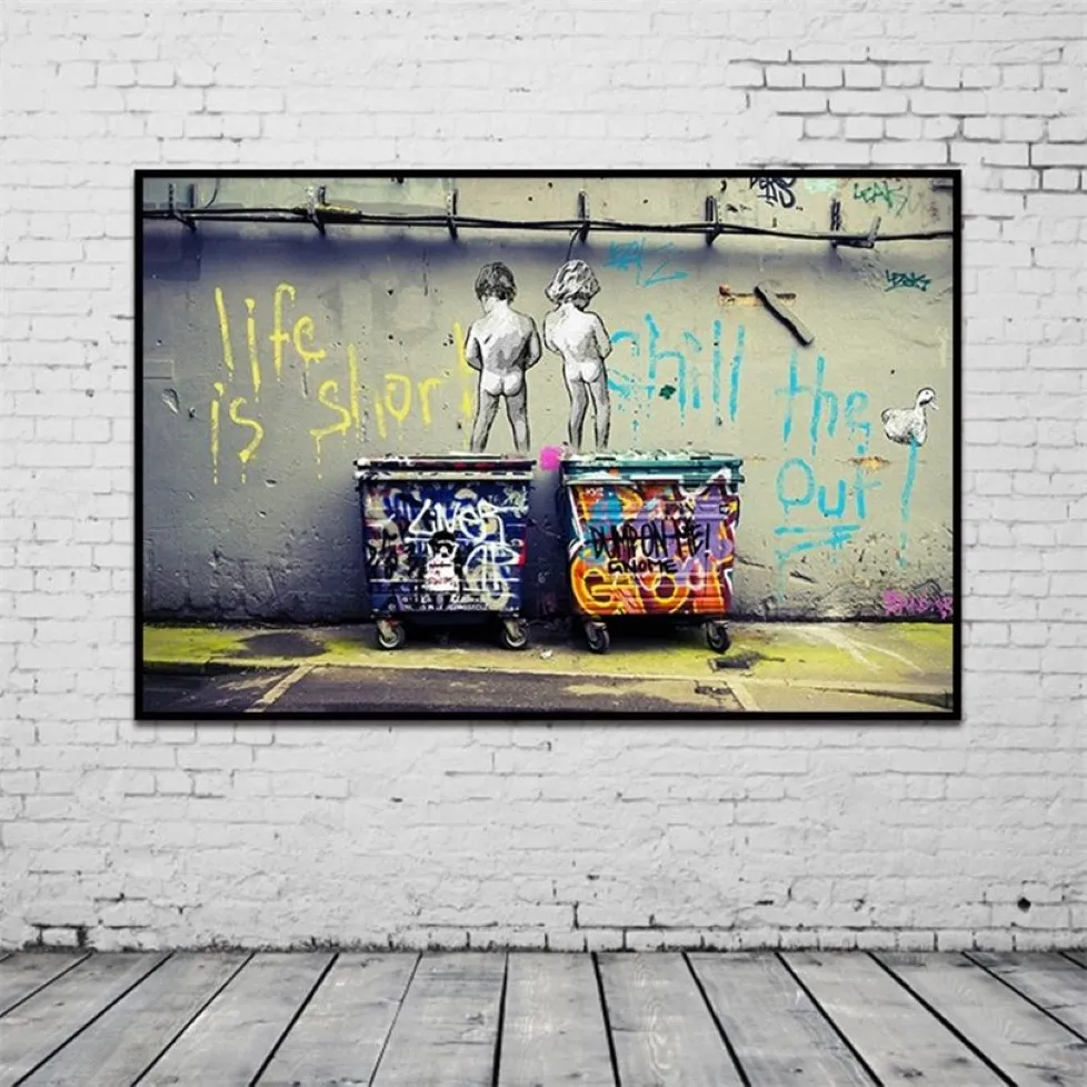 Banksy Graffiti Art Pittura su tela astratta Poster e stampe La vita è breve Chill The Duck Out Wall Canvas Art Home 222U