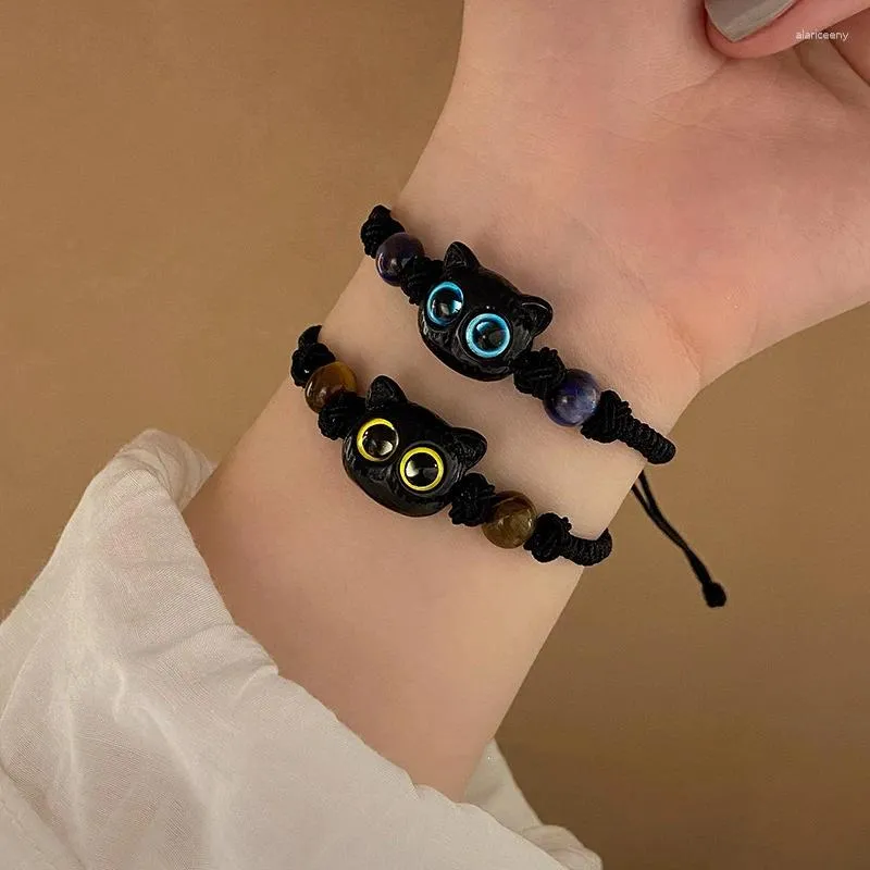 Länk armband söt blå gul katt ögonmonster för par stil svart hand vävd utdragna armband tillbehör flickor födelsedag present