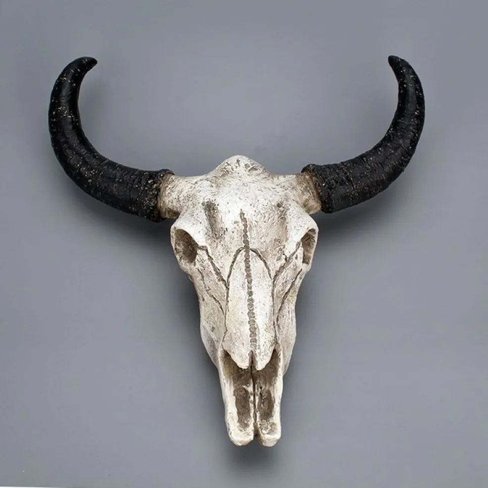 Resina Longhorn Mucca Testa di teschio Decorazione da appendere a parete 3D Animale Fauna selvatica Scultura Figurine Artigianato Corna per la decorazione domestica T200331223i