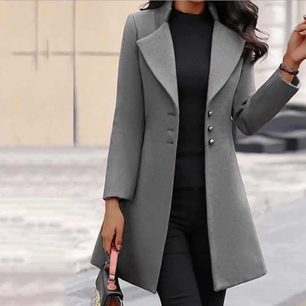 Solid Colo Slim Woolen Womens Coat Long Jacket 2023 Autumn Winter Fashion Korean Ytterkläder Black Elegant Female Clothing 240308