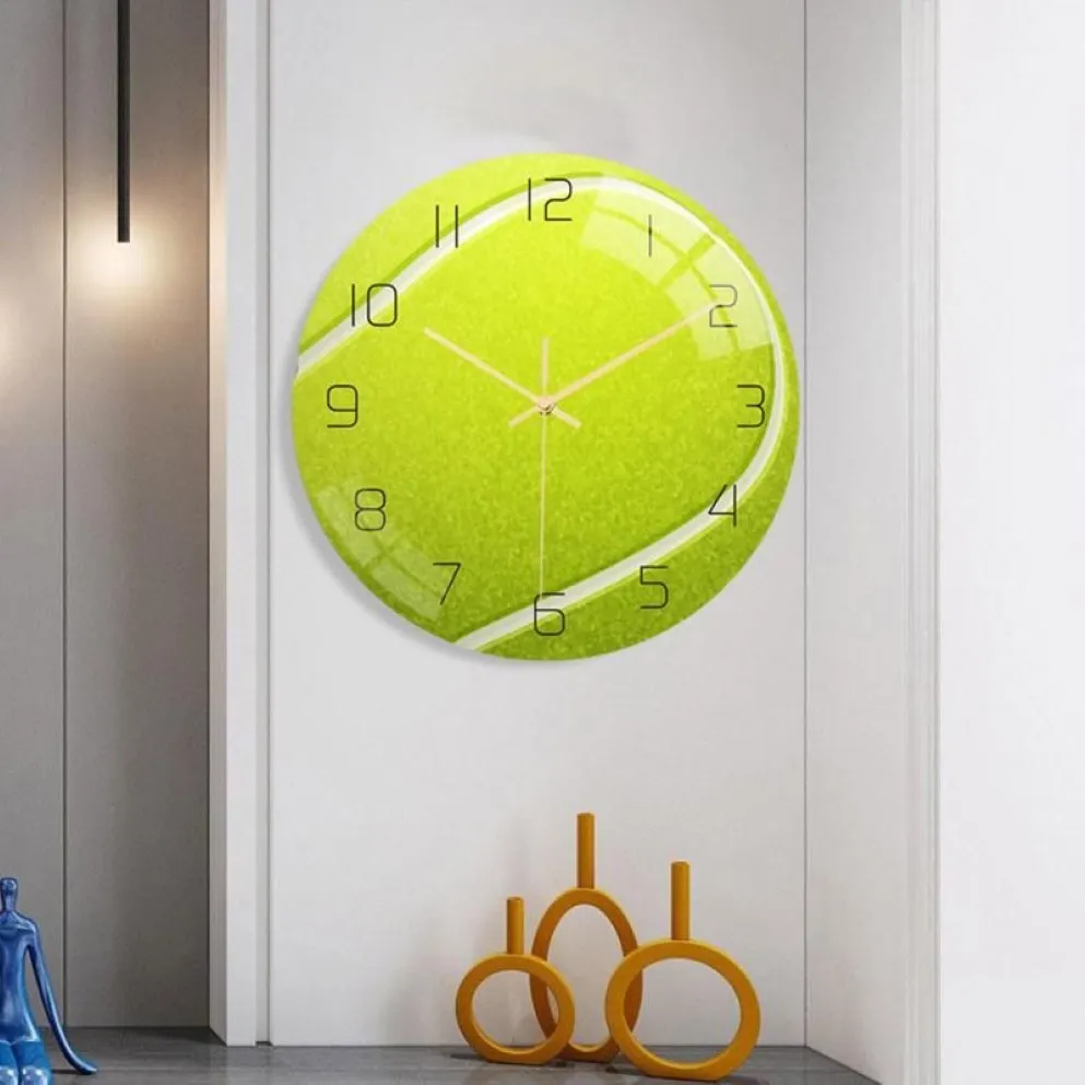 Decoração de casa quartzo mudo relógios de parede Plexiglass superfície acrílica esporte Tennis Ball Plate Fan Sala de estar 244G
