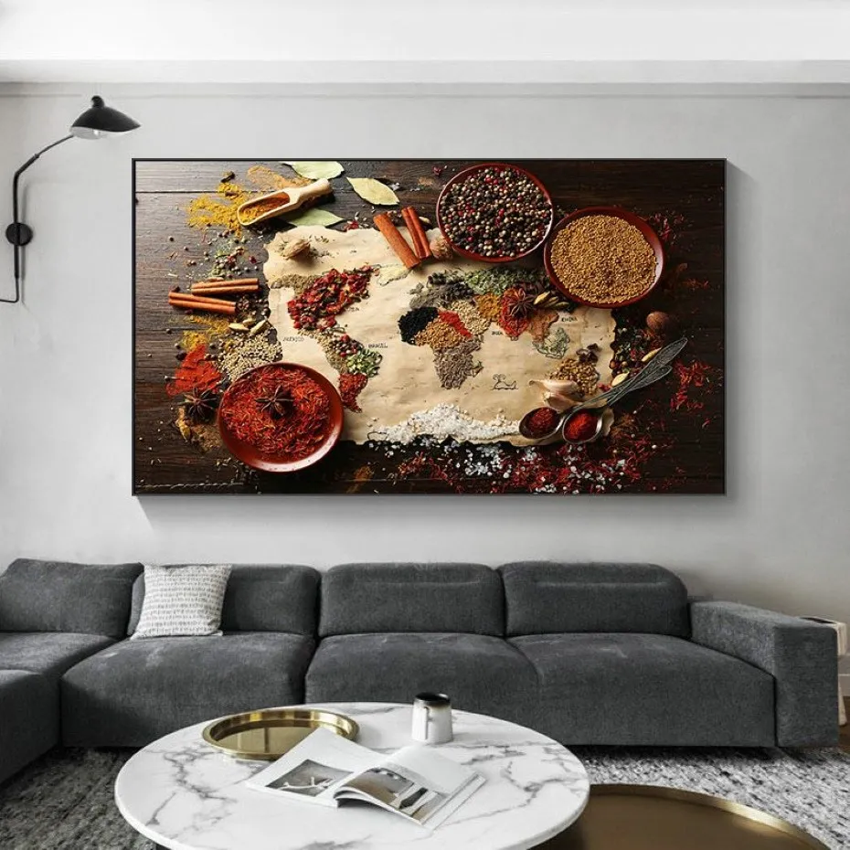 Küche Wand Dekorationen Bunte Gewürze Lebensmittel Karte Für Restaurant Home Decor Leinwand Gemälde Moderne Poster Kunst Cuadros Print211s