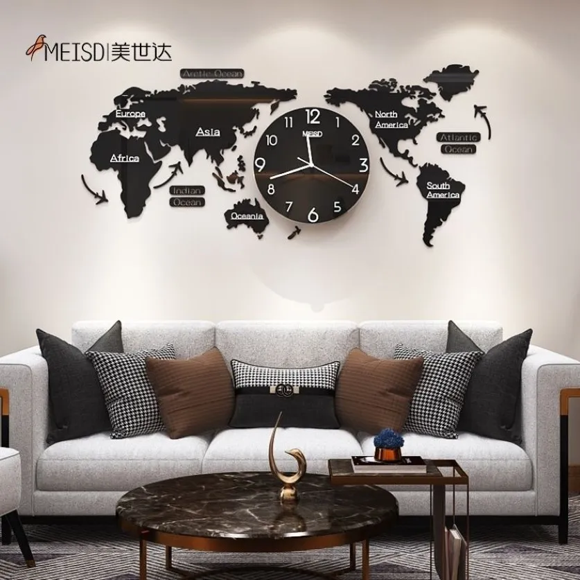 120CM Punch- DIY Black Acrylic World Map Large Wall Clock Modern Design Stickers Silent Watch Home Living Room Kitchen Decor 2296r