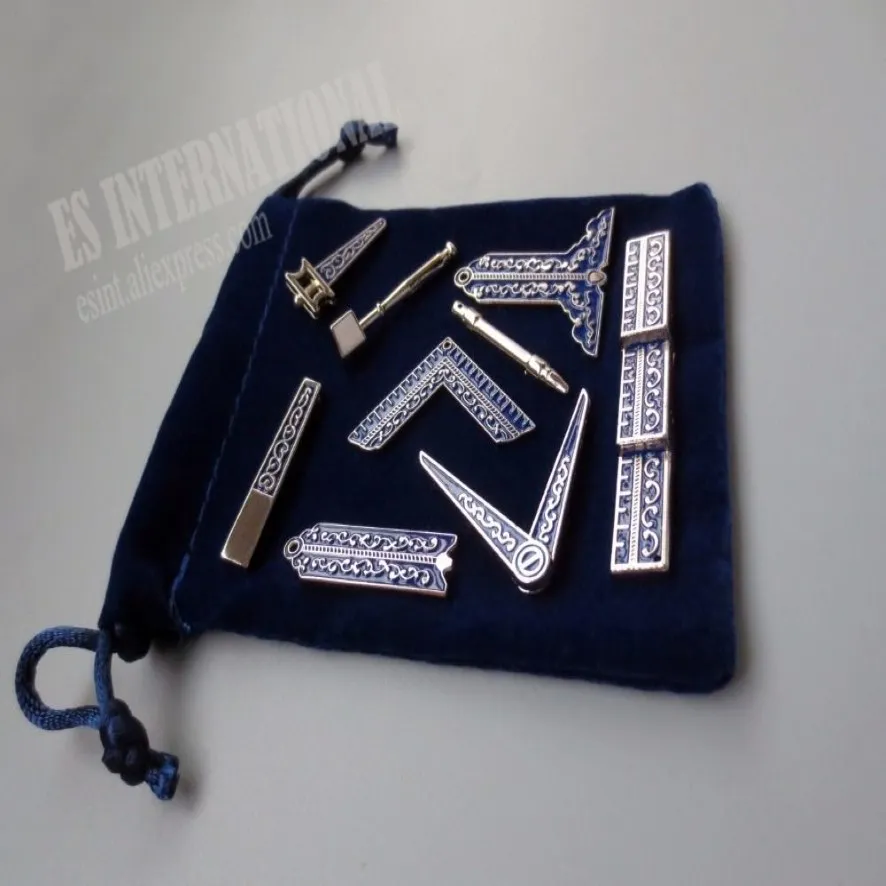 Ensemble de 9 badges d'outils de travail maçonniques bleus différents avec sac en velours maçon maçon Miniature cadeaux de maçon 201125269M