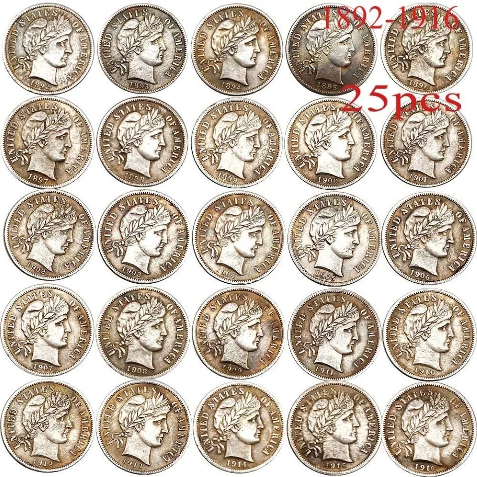 25 шт. США копия монеты 1892-1916 годов парикмахерская в десять центов разных лет с меднением серебряные монеты Set261S