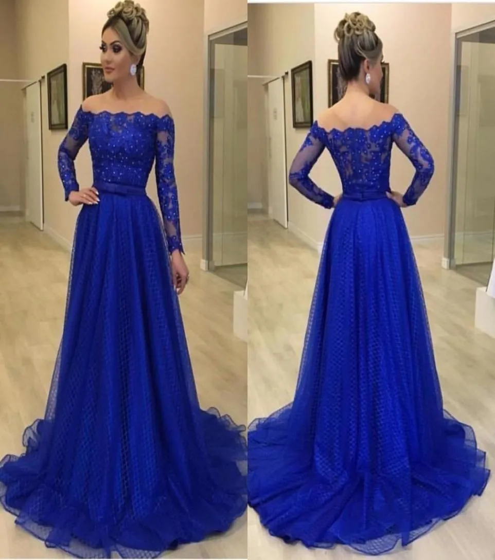 Royal Blue A Line Evening Dresses Bateau Neck Lace Applique Long Hidees Pärlade golvlängd Cocktail Pageant Gowns Evening Wear G1420715