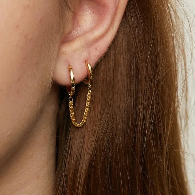 Dangle Earrings 1pcs Double Pierced Conjoined Chain For Women Girls Hip Hop Simple Punk Street Boy Single Circle Hoop