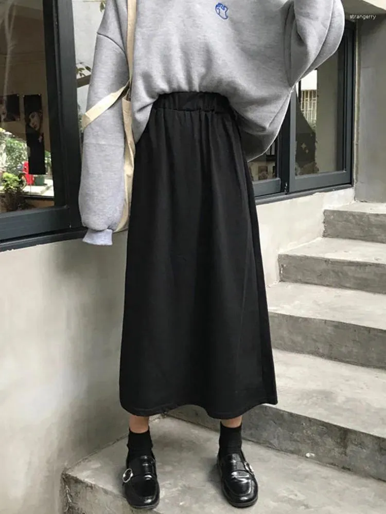 Röcke Frauen Einfache Feste Freizeit Lose Langen Rock Koreanischen Stil Elastische-Gewicht A-line Student Streetwear Trendy BF